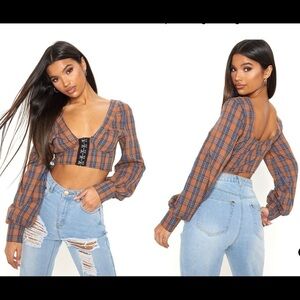 PRETTY LITTLE THING•Check Long Sleeve Crop Top 6